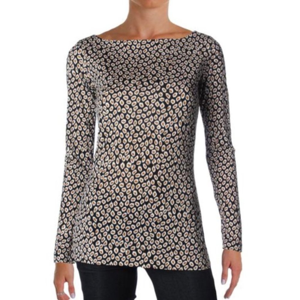 Elegant Diane Von Furstenberg black white gold silk long sleeve tee.